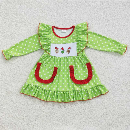 11.27 RTS NO MOQ （In stock）GLD0217 Baby Girls Winter Dress Baby Girls Christmas Frogs Knee Length Dresses