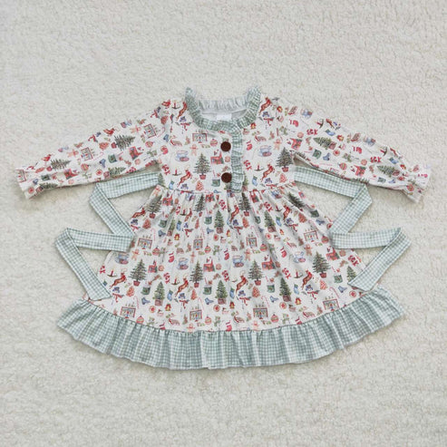 9.26 RTS Sibling Baby Girls Christmas Present Belt Button Ruffle Knee Length Dresses Rompers