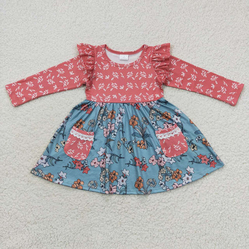 11.1 RST Sibling Baby Girls Bows Flowers Pockets Ruffle Knee Length Dresses With Belt