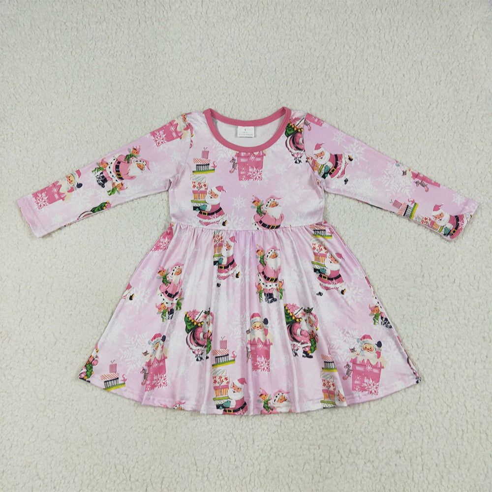 RTS NO MOQ （In stock）GLD0354 Baby Girls Winter Dress Baby Girls Christmas Pink Santa Present Knee Length Dresses