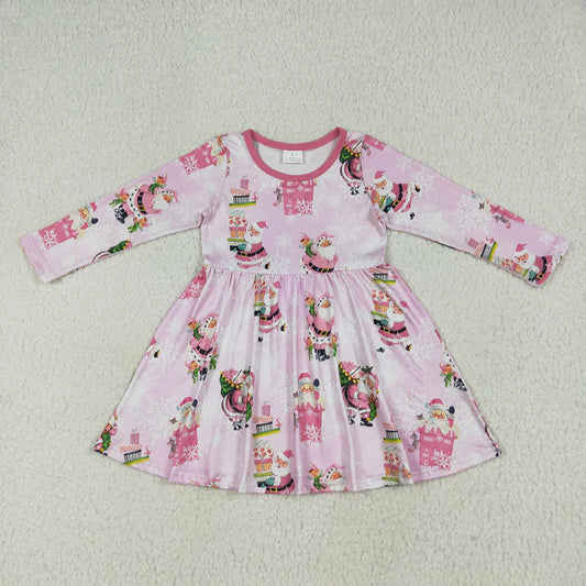 RTS NO MOQ （In stock）GLD0354 Baby Girls Winter Dress Baby Girls Christmas Pink Santa Present Knee Length Dresses