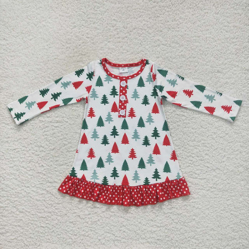 10.30 RST Sibling Baby Girls Bows Holly Trees Plaid Christmas Ruffle Knee Length Dresses