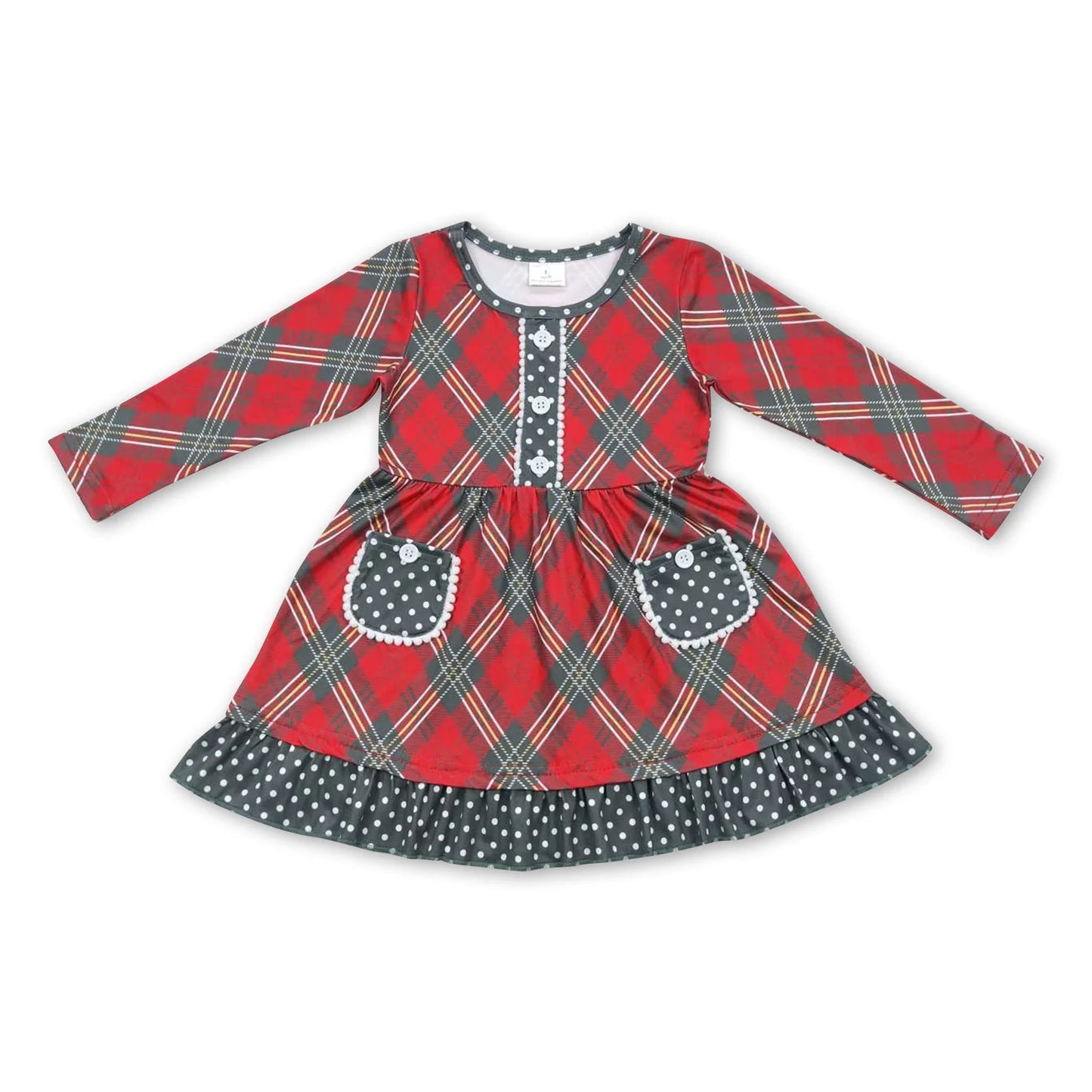 10.13 RTS Sibling Baby Girls Green Red Checked Christmas Knee Length Dresses