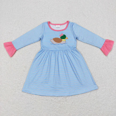 11.11 RTS Sibling Baby Girls Embroidery Bow Ducks Blue Stripe Tunic Leggings Valentines Sets Dresses