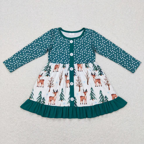 11.1 RST Sibling Baby Girls Deer Plaid Button Pockets Christmas Ruffle Knee Length Dresses