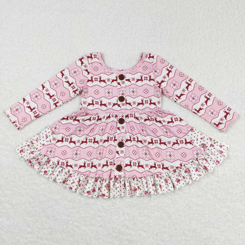 11.1 RST Sibling Baby Girls Deer Plaid Button Pockets Christmas Ruffle Knee Length Dresses