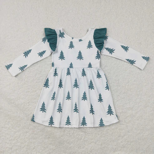 10.30 RST Sibling Baby Girls Bows Trees Plaid Christmas Ruffle Knee Length Dresses