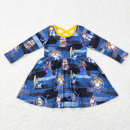 10.30 RST Sibling Baby Girls Blue Nativity Christmas Ruffle Knee Length Dresses