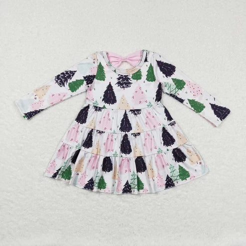 10.30 RST Sibling Baby Girls Bows Trees Plaid Christmas Ruffle Knee Length Dresses