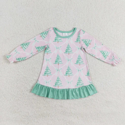 10.30 RST Sibling Baby Girls Bows Trees Plaid Christmas Ruffle Knee Length Dresses