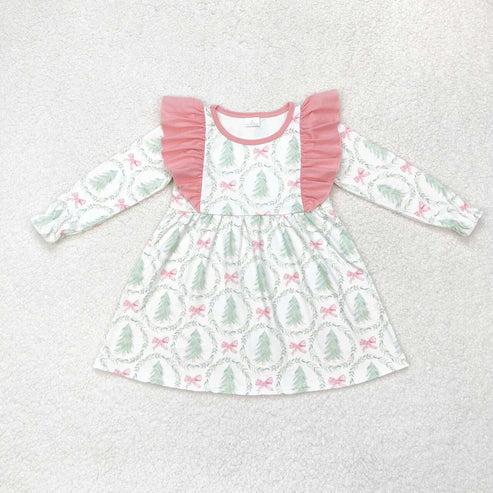 10.30 RST Sibling Baby Girls Bows Trees Plaid Christmas Ruffle Knee Length Dresses