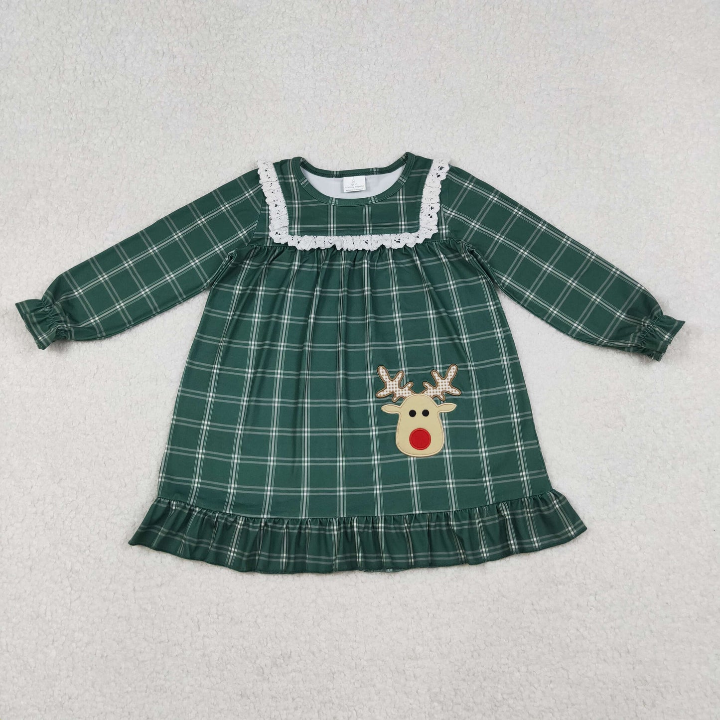 9.29 RTS Embroidery Baby Kids Green Checked Christmas Sleep Wear Pajamas Ruffle Dresses