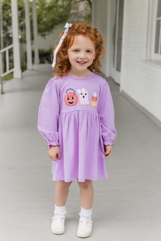 GLD0575  Pre-order baby girl clothes purple pumpkin long sleeve dress
