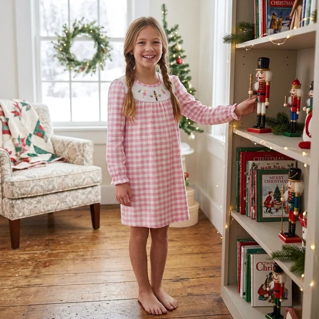 RTS NO MOQ （In stock）milk silk GLD0610 Embroidery Baby Girls Trees Print Pink Checked Knee Length Dress
