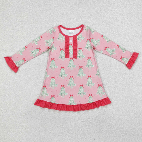 10.30 RST Sibling Baby Girls Bows Holly Trees Plaid Christmas Ruffle Knee Length Dresses