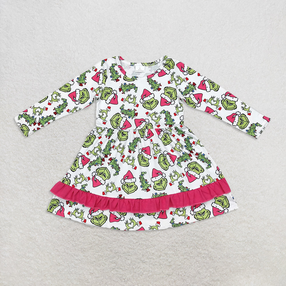 RTS Sibling Baby Girls Winter Outfits Hot Pink Long Sleeve Baby Pajamas Christmas Tree Green Face Design Comfortable Rompers Pants for Infants