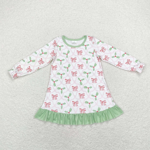 10.30 RST Sibling Baby Girls Bows Holly Trees Plaid Christmas Ruffle Knee Length Dresses