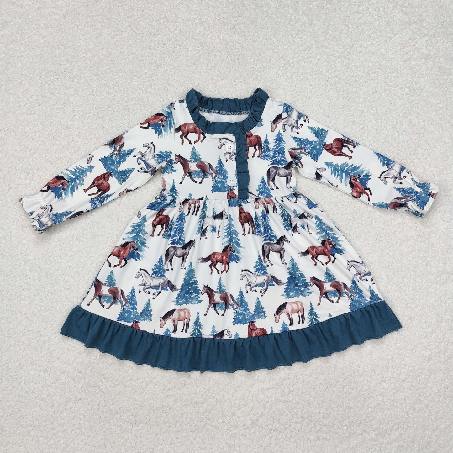 GLD0675 Baby Girls Christmas Western Horse Ruffle Knee Length Dresses