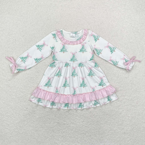 10.30 RST Sibling Baby Girls Bows Trees Plaid Christmas Ruffle Knee Length Dresses