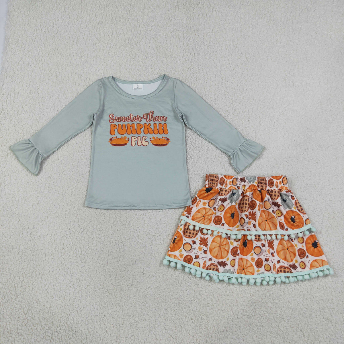 RTS NO MOQ （In stock） milk silk GLD0763 Baby Girls Long Sleeve Ruffle Top Pumpkin Pie Print Skirt Set