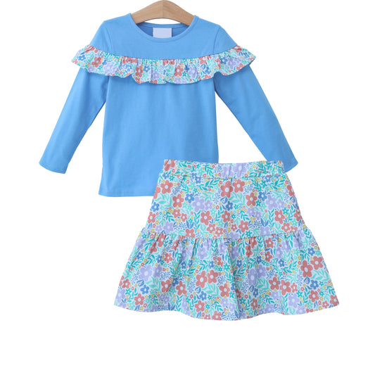 No moq GLD0777 Pre-order Size 3-6m to 14-16t baby girls clothes long sleeve top with Short skirt kids autumn set