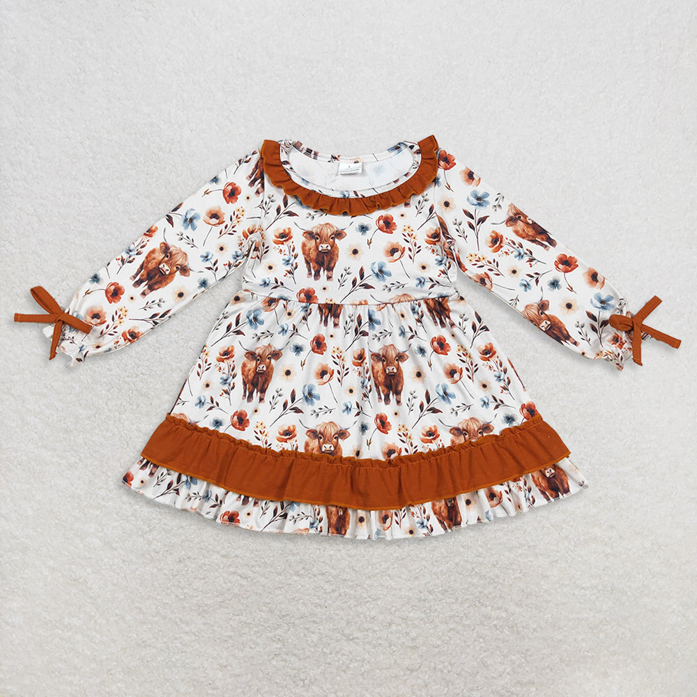 RTS Sibling Baby Girls  Long Sleeve Floral Dress Rompers Brown Ruffle Highland Cow Print for Fall Season