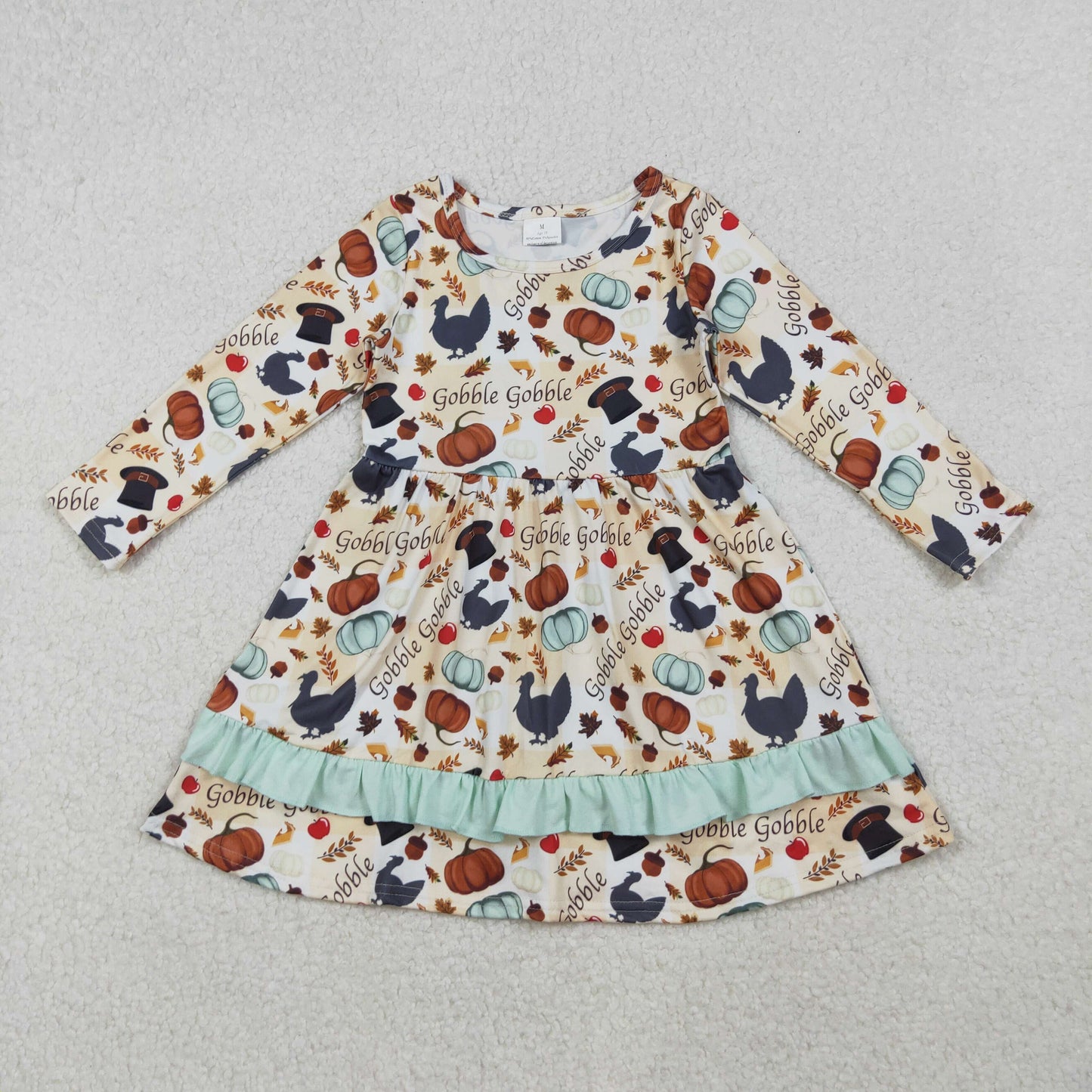 10.14 RTS NO MOQ （In stock）GLD0789 Baby Girls Winter Dress Baby Girls Thanksgiving Turkey Pumpkins Ruffle Knee Length Dresses