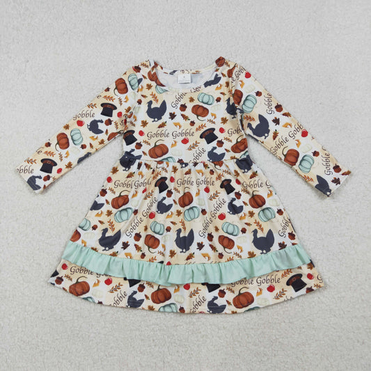 10.14 RTS NO MOQ （In stock）GLD0789 Baby Girls Winter Dress Baby Girls Thanksgiving Turkey Pumpkins Ruffle Knee Length Dresses