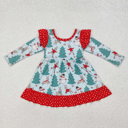 10.30 RST Sibling Baby Girls Bows Trees Plaid Christmas Ruffle Knee Length Dresses