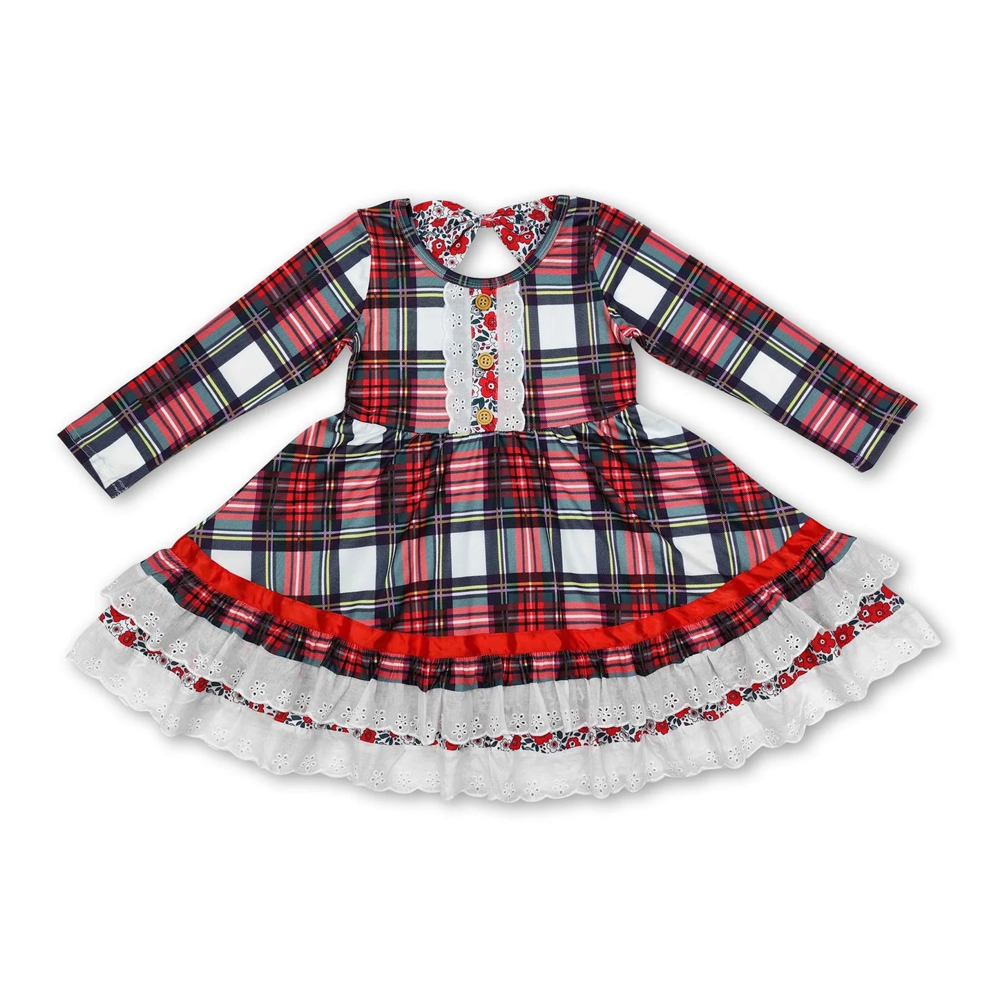 10.13 RTS Sibling Baby Girls Green Red Checked Christmas Knee Length Dresses