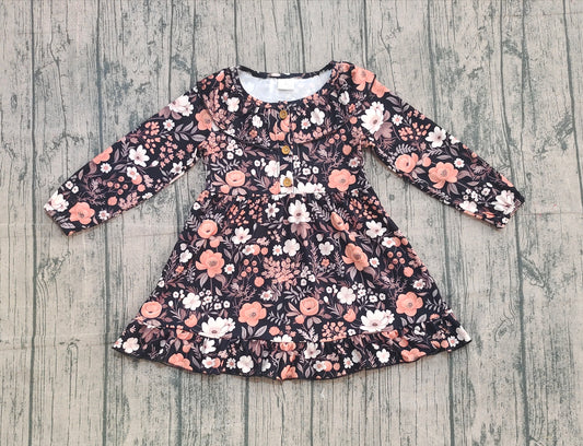 10.17 GLD0842 Sample No Moq Baby Girls Fall Black Brown Flowers Ruffle Knee Length Dresses