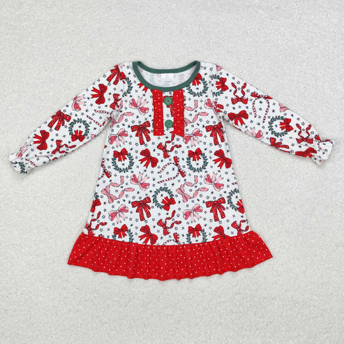10.30 RST Sibling Baby Girls Bows Holly Trees Plaid Christmas Ruffle Knee Length Dresses