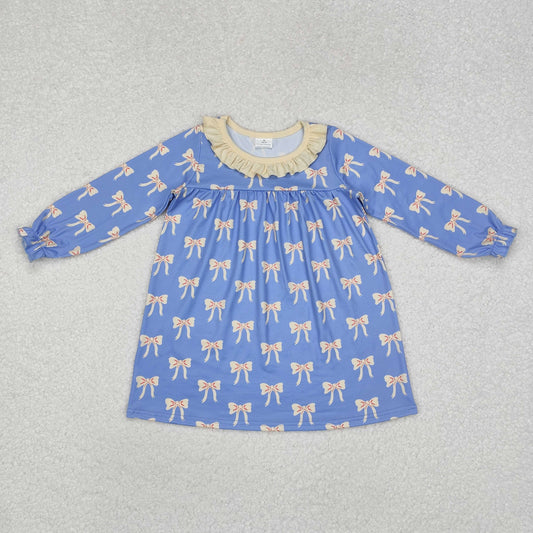 GLD0897 RTS  Beige ruffle bow long sleeves kids girls dresses