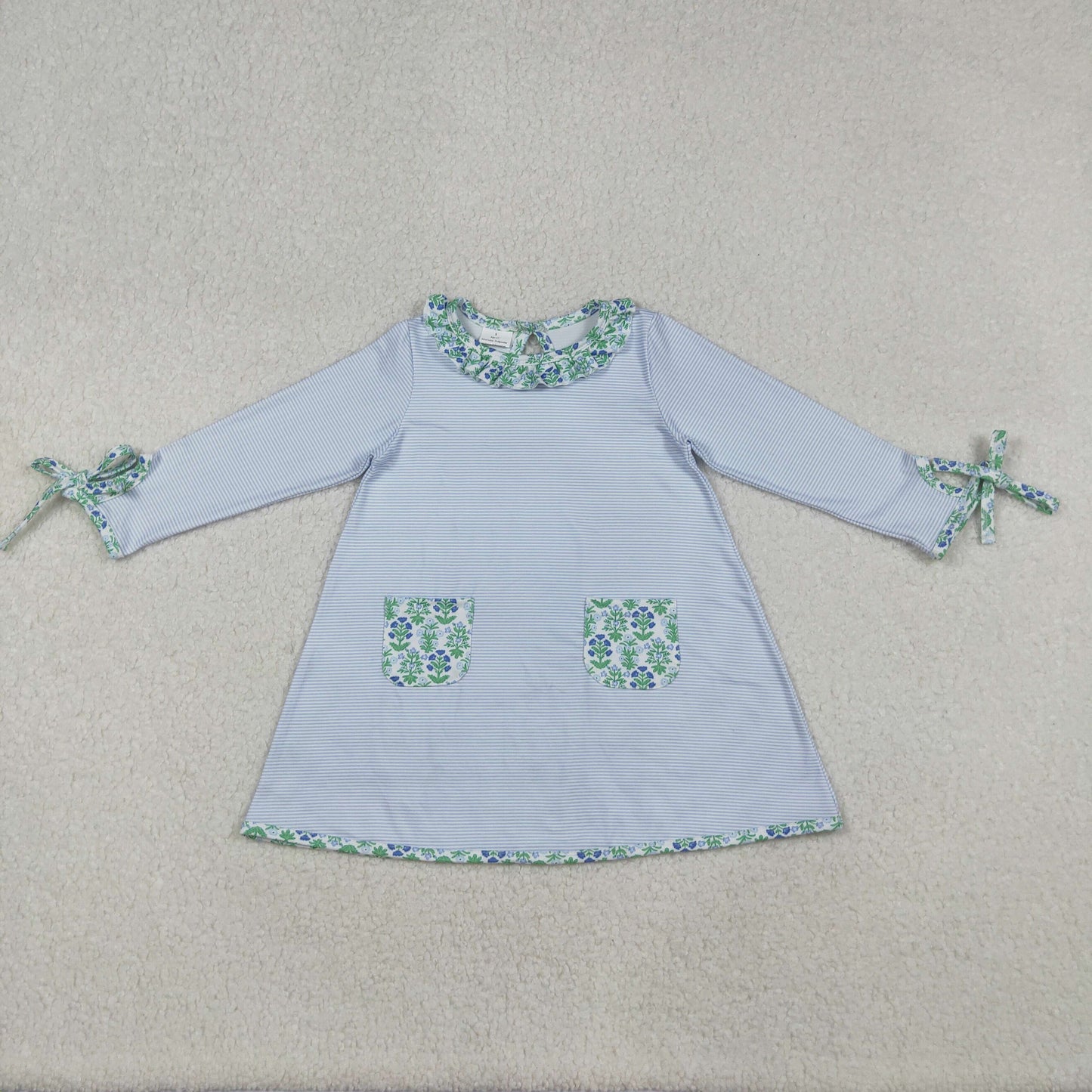 RTS NO MOQ （In stock）GLD0927  Baby Girls Winter Dress Stripes Green Flowers Pockets Knee Length Dresses