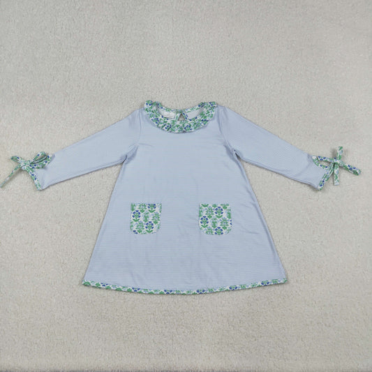 RTS NO MOQ （In stock）GLD0927  Baby Girls Winter Dress Stripes Green Flowers Pockets Knee Length Dresses