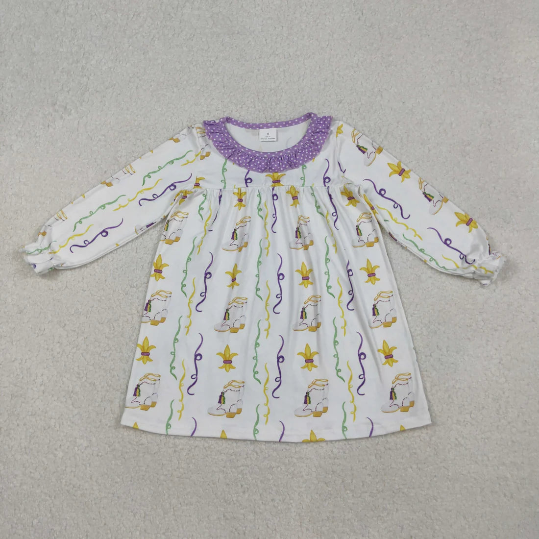 12.29 RST Sibling Baby Girls Long Ruffle Sleeve Mardigras Leopard Bows Anchors Knee Length Dresses