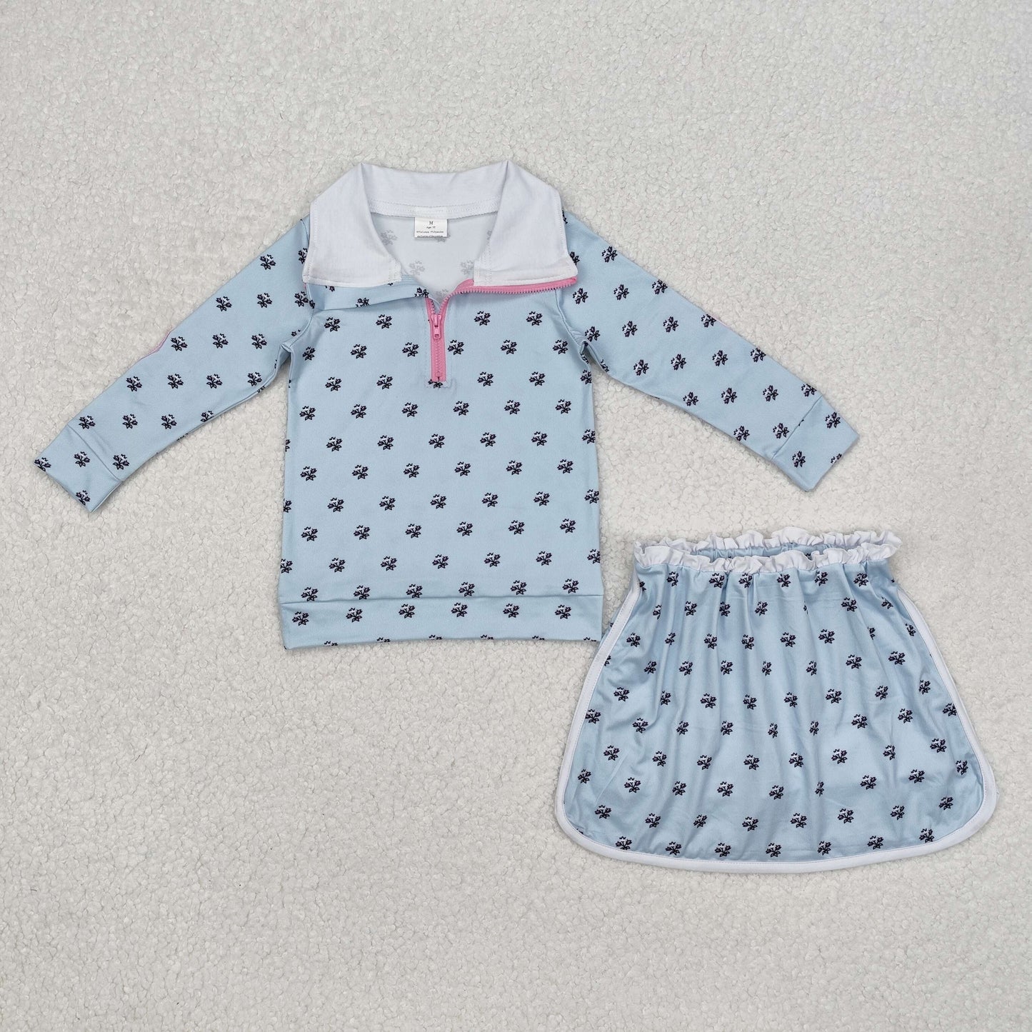 GLD0972Light blue floral pullover skirt kids girls clothing set