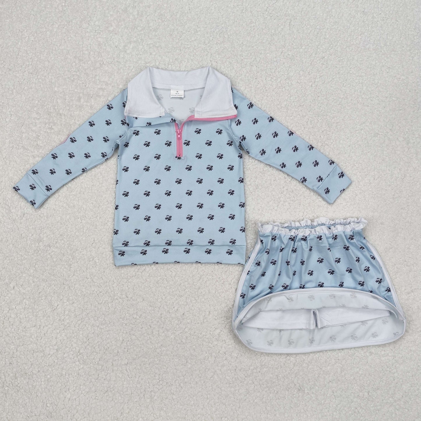 GLD0972Light blue floral pullover skirt kids girls clothing set