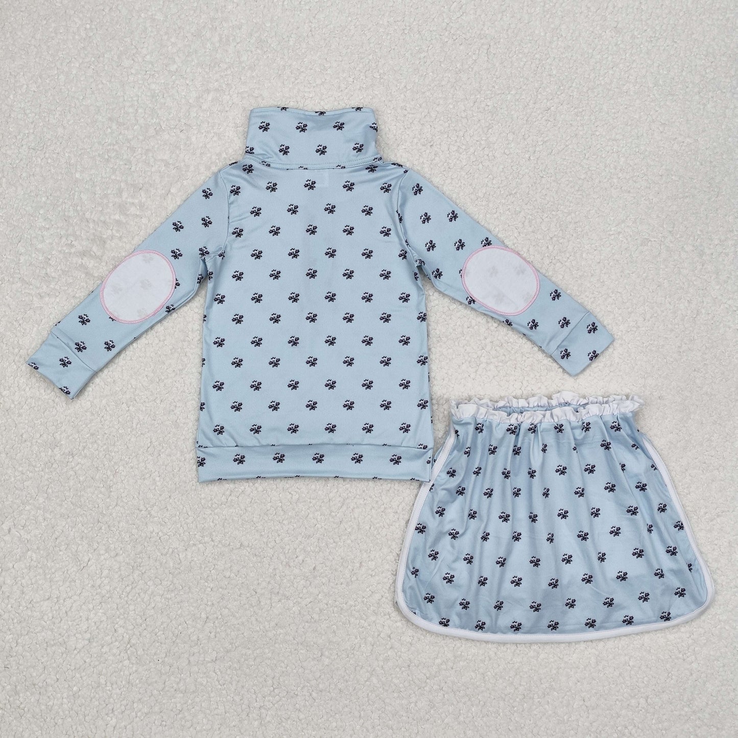 GLD0972Light blue floral pullover skirt kids girls clothing set