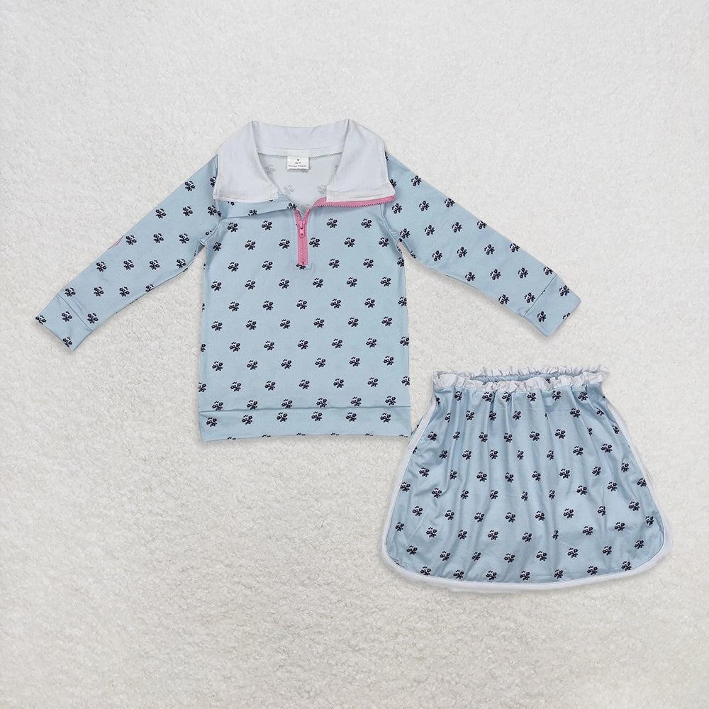 10.17 RTS Sibling Baby Girls Flowers Long SleeveZip Top Skirt Skort Bottoms Sets