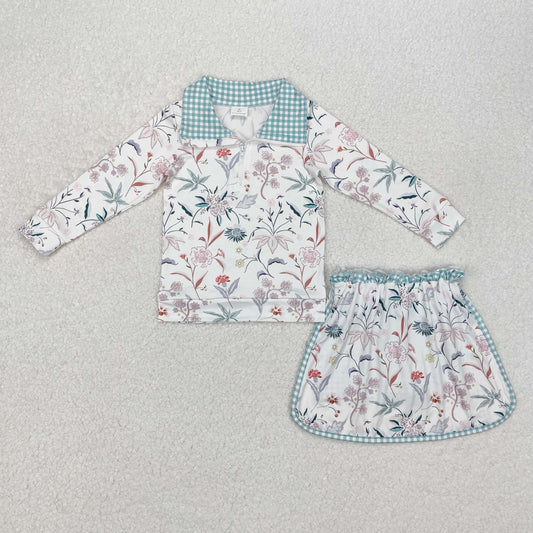 GLD0973Long sleeves floral pullover skirt kids girls clothing set