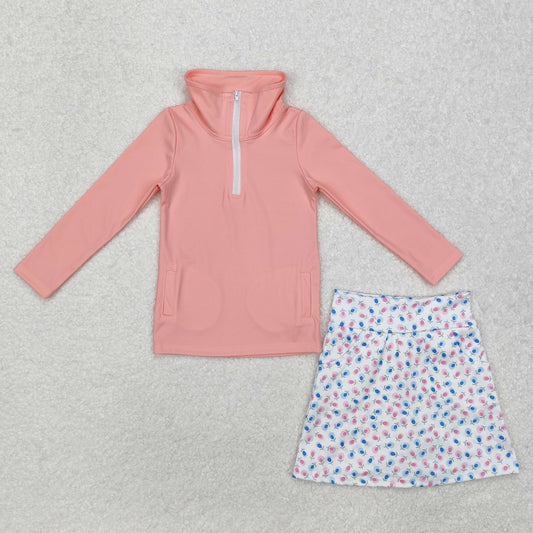 GLD0984Long sleeves pink top floral skirt girls yoga clothes