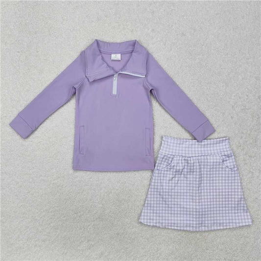 GLD0985Long sleeves lavender top plaid skirt girls yoga clothes