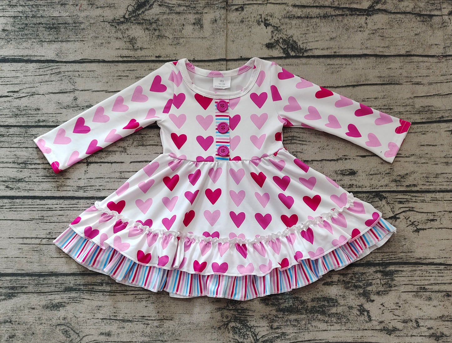 GLD0988Long sleeves pink heart ruffle girls Valentine's dress