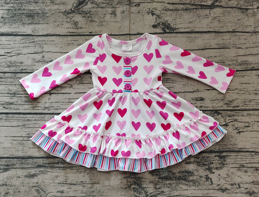 GLD0988Long sleeves pink heart ruffle girls Valentine's dress