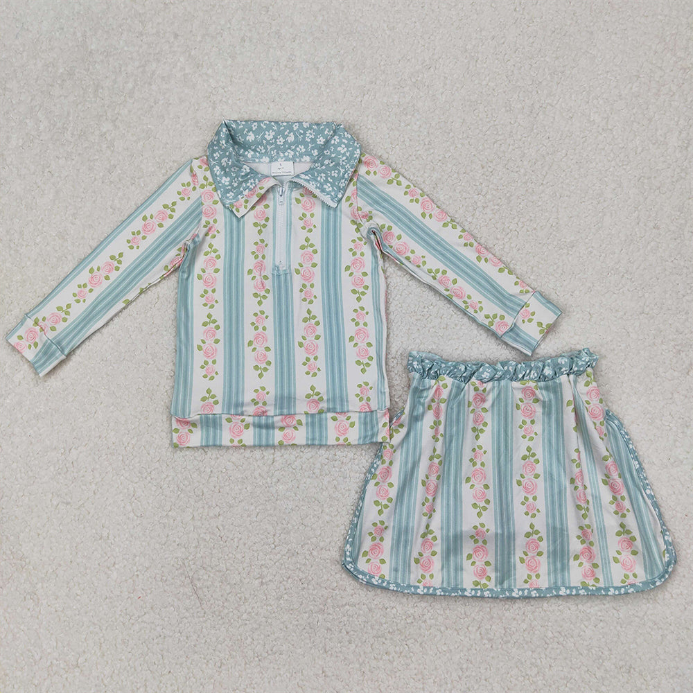 GLD1001 RTS NO MOQ Baby Girls Yoga Outfits  Baby Girls Aqua Long Sleeves Floral Stripe Zipper Pullover Skirts With Short Set