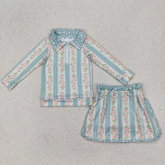 GLD1001 RTS NO MOQ Baby Girls Yoga Outfits  Baby Girls Aqua Long Sleeves Floral Stripe Zipper Pullover Skirts With Short Set