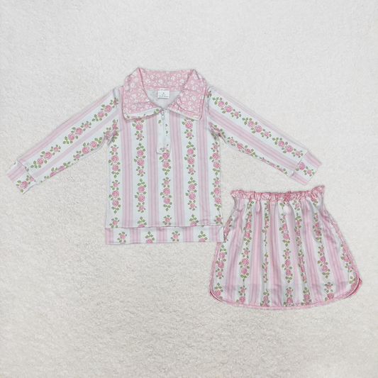 GLD1002RTS NO MOQ Baby Girls Skirt Sets Baby Girls Pink Flowers Zip Top Skirt Skort Bottoms Sets