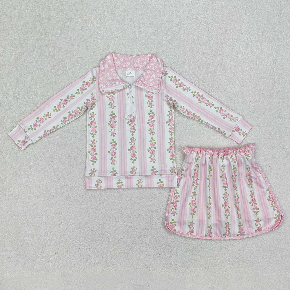 10.17 RTS Sibling Baby Girls Long Sleeve Flowers Bows Zip Top Skirt Skort Bottoms Sets