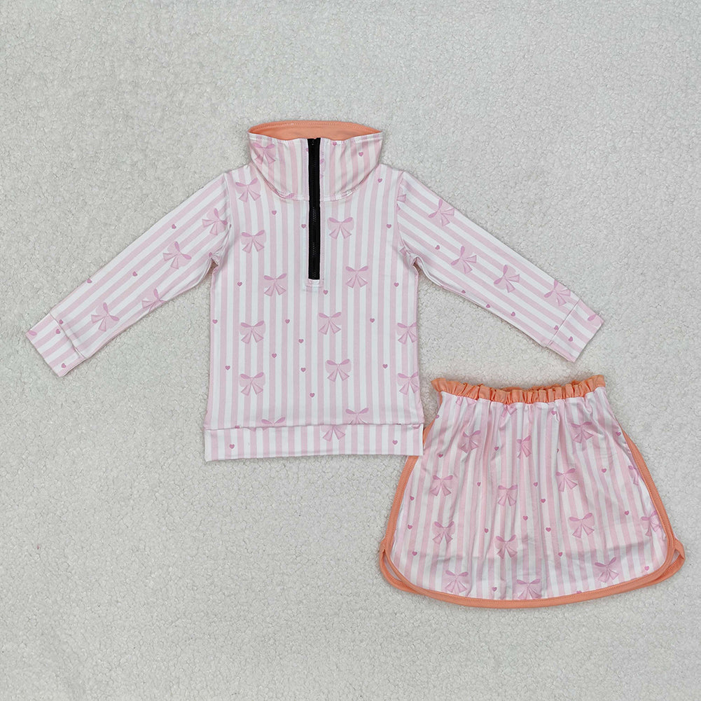 10.17 RTS Sibling Baby Girls Long Sleeve Flowers Bows Zip Top Skirt Skort Bottoms Sets
